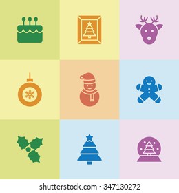 A set of vector graphic for christmas, winter vacation, holiday, gift, sports. doll, snow, man, frame, toy, deer, leaf, cake, tree, star, ball, decoration,