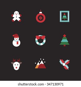 A set of vector graphic for christmas, winter vacation, holiday, gift, sports. tree, mountain, leaf, frame, decoration, deer, doll, ball, snow, man,