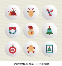 A set of vector graphic for christmas, winter vacation, holiday, gift, sports. tree, mountain, leaf, frame, decoration, deer, doll, ball, snow, man,