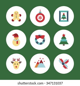 A set of vector graphic for christmas, winter vacation, holiday, gift, sports. tree, mountain, leaf, frame, decoration, deer, doll, ball, snow, man,