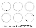 Set of vector graphic circle frames. Wreaths for design, logo template. Branches, dots, hearts