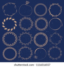 Set of vector graphic circle frames. Wreaths for design, logo template on grunge background