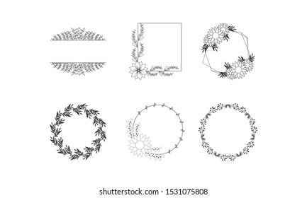 Set of vector graphic circle frames. Wreaths for design, logo template