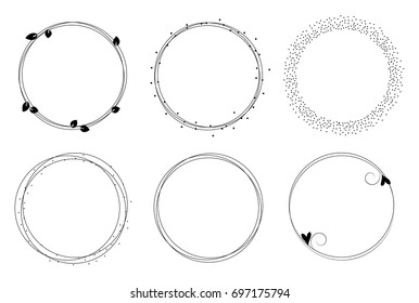 Set of vector graphic circle frames. Wreaths for design, logo template. Branches, dots, hearts