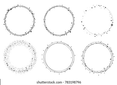 Set of vector graphic circle frames. Wreaths for design, logo template. Stardust, stars, starry sky.