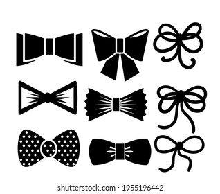 set of vector graphic decorative bows black ribbons silhouette. Vector set ceremony card decor, invitation design element isolated on white