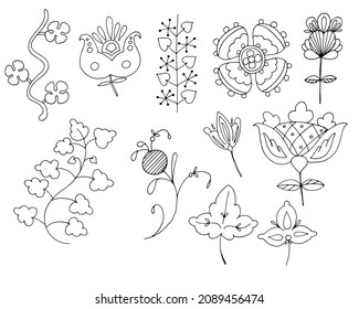 a set of vector graphic drawings of flowers and leaves in an ethnic style
