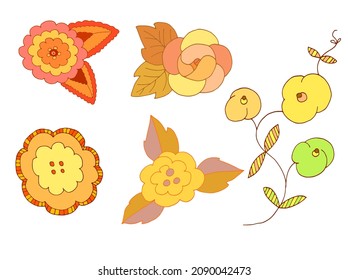 eine Reihe von Vektorgrafik-Zeichnungen von Blumen und Blättern im ethnischen Stil