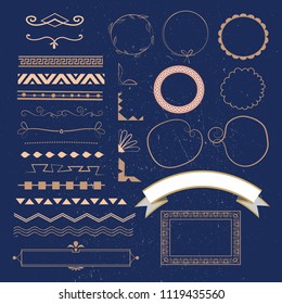 Set of vector graphic elements for design on grunge background. Сalligraphic design elements and page decoration: frames, borders, corners, monograms etc.