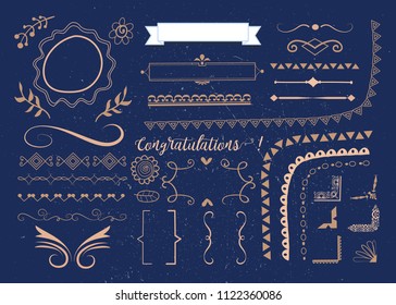 Set of vector graphic elements for design on grunge background. Сalligraphic design elements and page decoration: frames, borders, corners, monograms etc.