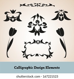 Set of vector graphic elements for design. Black line art ornate flower design collection. Vector set calligraphic element and page decoration. Vector illustration. 10 EPS