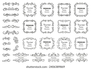 Set of vector graphic elements for design. Decorative swirls or scrolls, vintage frames , flourishes, labels and dividers. Retro vector illustration.