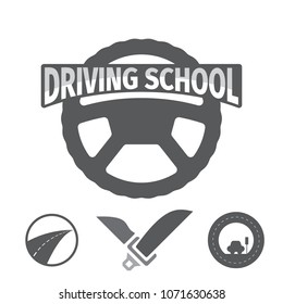 Set of vector graphic elements on the subject Driving school. Vector illustration.  Drivers education emblem.