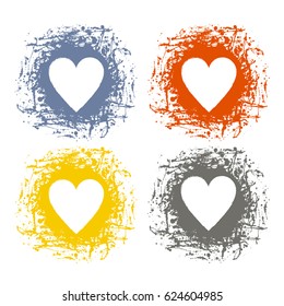 Set of vector graphic grunge illustrations of heart, sign with ink blot, brush strokes, drops isolated on the white background. Series of artistic illustration with splash, blots and brush strokes.