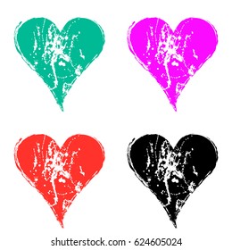 Set of vector graphic grunge illustrations of heart, sign with ink blot, brush strokes, drops isolated on the white background. Series of artistic illustration with splash, blots and brush strokes.