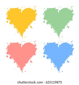 Set of vector graphic grunge illustrations of heart, sign with ink blot, brush strokes, drops isolated on the white background. Series of artistic illustration with splash, blots and brush strokes.