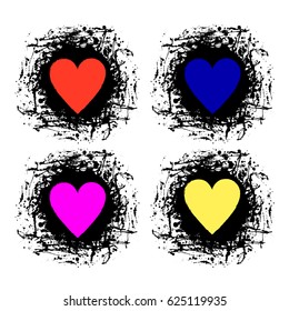Set of vector graphic grunge illustrations of heart, sign with ink blot, brush strokes, drops isolated on the white background. Series of artistic illustration with splash, blots and brush strokes.