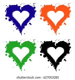 Set of vector graphic grunge illustrations of heart, sign with ink blot, brush strokes, drops isolated on the white background. Series of artistic illustration with splash, blots and brush strokes.