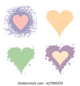 Set of vector graphic grunge illustrations of heart, sign with ink blot, brush strokes, drops isolated on the white background. Series of artistic illustration with splash, blots and brush strokes.