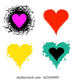 Set of vector graphic grunge illustrations of heart, sign with ink blot, brush strokes, drops isolated on the white background. Series of artistic illustration with splash, blots and brush strokes.