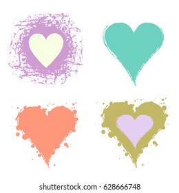 Set of vector graphic grunge illustrations of heart, sign with ink blot, brush strokes, drops isolated on the white background. Series of artistic illustration with splash, blots and brush strokes.