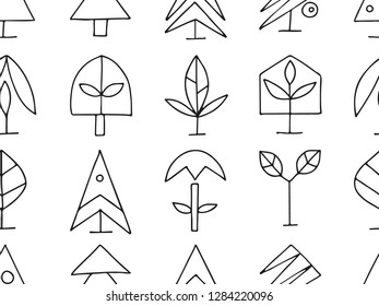 Set of vector graphic hand drawn stylized illustrations of trees. Decorative abstract seamless pattern with drawing icons, doodle style. Black and white color. Simple design. Print for fabric, textile