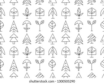 Set of vector graphic hand drawn stylized illustrations of trees. Decorative abstract seamless pattern with drawing icons, doodle style. Black and white color. Simple design. Print for fabric, textile