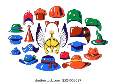 Conjunto de Vector gráfico headwear arte de Clip en estilo de dibujos animados. Uniforme, vintage, tocado retro para diferentes ocasiones. Colección de Clipart de sombreros para fiesta o carnaval