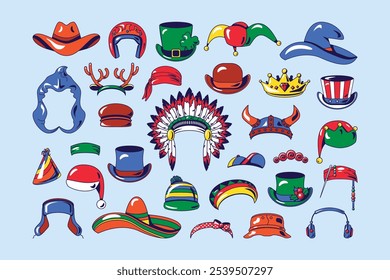 Conjunto de ilustraciones de Vector de sombreros gráficos en estilo de dibujos animados. Uniforme, vintage, tocado retro para diferentes ocasiones. Colección de Clipart de sombreros para fiesta o carnaval. Los iconos son perfectos