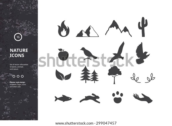 Set of Vector Graphic Icons.\
Collection of Silhouettes of Plants, Animals and Nature. Hipster\
Style Design for Labels, Tags, Logos, Badges and\
Stickers.
