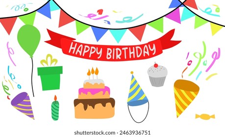 Set of Vector Graphic Illustration Happy Birthday Icons Flat, There are Flags, Cakes and Conical Hats. Great For Posters And Banners