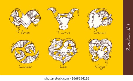 Set of vector graphic illustration of zodiac signs in boho style.  Aries, Taurus, Gemini, Cancer, Leo, Virgo. Set 1