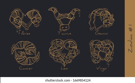 Set of vector graphic illustration of zodiac signs in boho style.  Aries, Taurus, Gemini, Cancer, Leo, Virgo. Set 1