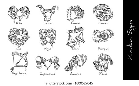 Set of vector graphic illustration of zodiac signs in boho style.  Aries, Taurus, Gemini, Cancer, Leo, Virgo, Libra, Scorpio, Sagittarius, Capricorn,  Aquarius, Pisces