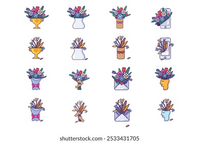 Set of vector graphic illustrations with flowers in a vibrant palette in stroked cartoon style. Bouquets are housed within a wrapping paper, vases, boxes, envelopes