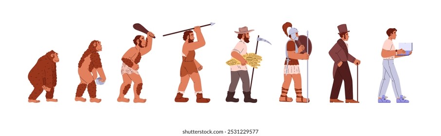 Set of vector graphic images tracing the evolution of man. Illustrating our journey from primitive cavemen and warriors to modern humans with advanced technologies.