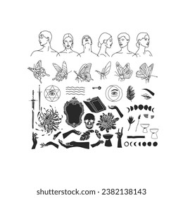 Set of vector graphic line art butterfly,moon,stars,line people silhouettes and esoteric symbols.Alchemy mystical magic elements for prints,posters,illustrations.Black spiritual occultism objects.