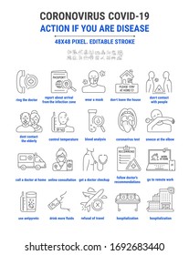 Set Vector Graphic Line, Outline Design Icons. Coronavirus. Treatment recommendations. Remote, online treatment. Viral Pneumonia, Actions if you are sick. Editable Stroke. 48x48 Pixel. Symbol, Sign.