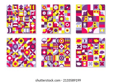 Set of vector graphic neo geo design pattern. Geometric shapes with bright color wallpaper. Good for brochure, print, textile, blanket, magazine, cover, banner, flyer, poster, bed sheet, and more