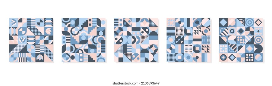 Set of Vector Graphic Neo Geo Design. Blue White Color Theme. Geometric Shapes Element Template. Good for Print, Banner, Flyer, Blanket, Textile, Bed Sheet, Curtain, Book Cover, Magazine, and More