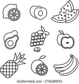 Set of vector graphic outline fruits icons