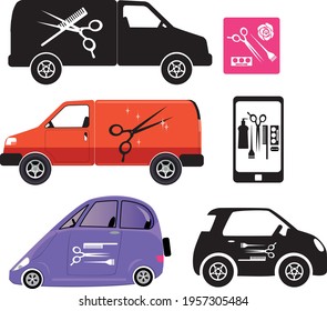 Set of vector graphic resources for a  mobile hairdresser, stylist or beautician business, EPS 8 