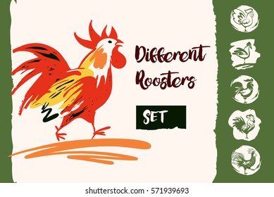 Set of vector graphic silhouette of different style of rooster.