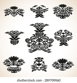 Set vector graphic silhouette vintage floral elements victorian old texture graphic. Abstract bouquet of flowers in a vase isolated on white