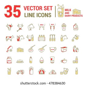 Set vector graphic thin outline icons in linear design. Element emblem symbols of milk, the dairy industry and dairy products.Organic product. Cheese, yogurt, cottage cheese, cream and condensed milk.
