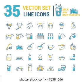 Set vector graphic thin outline icons in linear design. Element emblem symbols of milk, the dairy industry and dairy products.Organic product. Cheese, yogurt, cottage cheese, cream and condensed milk.