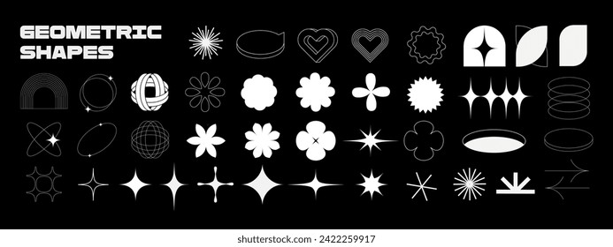 Set Vector Graphic In Y2k style. Elements for design in futuristic retro style. Shapes for Posters Template, social media, flyers, media, graphic design, sticker, Digital Collage.