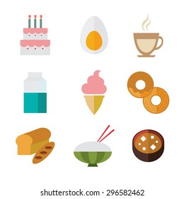 A set of vector graphic(icons), coffee, egg, birthday cake, doughnut, ice cream, milk, soybean paste soup, rice, bread with shadow in the white background.