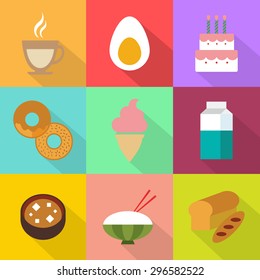 A set of vector graphic(icons), coffee, egg, birthday cake, doughnut, ice cream, milk, soybean paste soup, rice, bread with shadow in the colorful background.