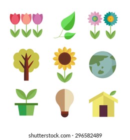 A set of vector graphic(icons), flower, leaf, earth, tree, house, bulb, pot with shadow and cross section(aspect, side) in the white background.